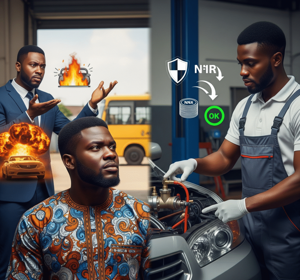 image of three men and a car with images of exploding cars.