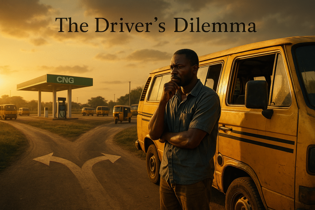 bus and its driver standing outside.