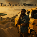 bus and its driver standing outside.